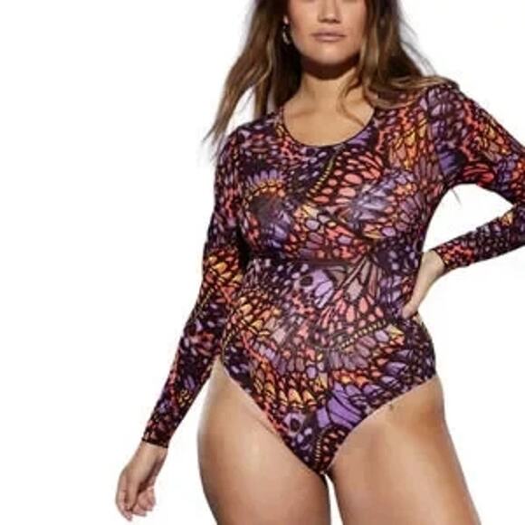 Yitty sz S thong long sleeve semi Sheer body suit lined torso EUC butterfly geo - Picture 2 of 10